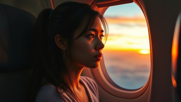 Woman gazing out airplane window at sunset, ways to make flying more comfortable