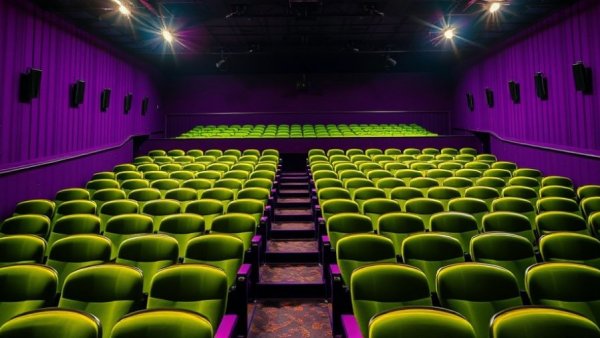 Theater seats with green fabric against vibrant purple walls highlighting cinema ambiance