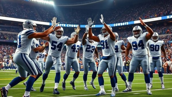 Dallas Cowboys players celebrate on the field under stadium lights.