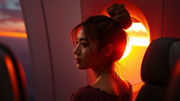 Woman on plane gazing outside at sunset, tips on how to make flying more comfortable.