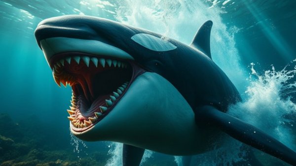 Fierce prehistoric marine predator attacking an orca.