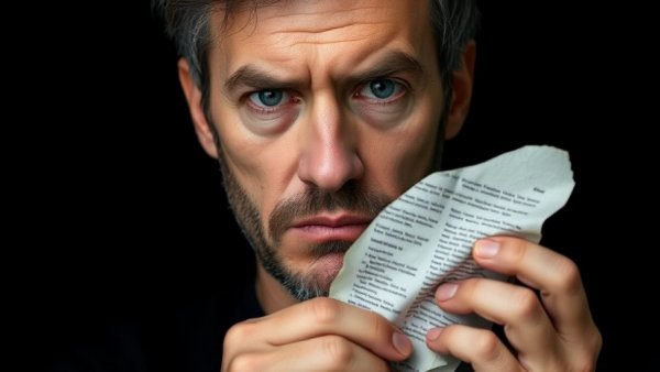 Serious man holding unclear paper, worst weight loss advice text.