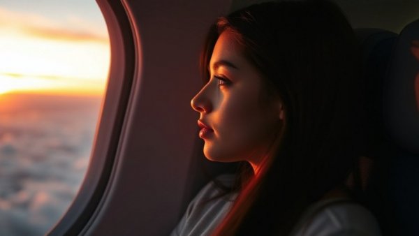 Young woman enjoying a serene sunset in an airplane, easy ways to make flying more comfortable.