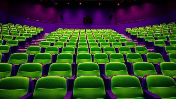 Green seats and purple wall in empty auditorium.