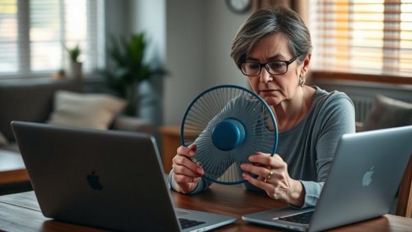 Woman with a fan experiencing lesser-known menopause symptoms at home.