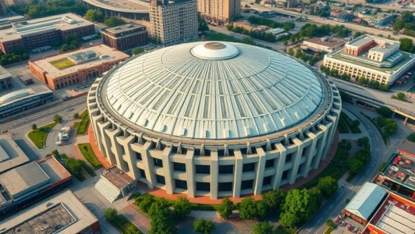 Aerial view of iconic Astrodome, nostalgic urban scene.