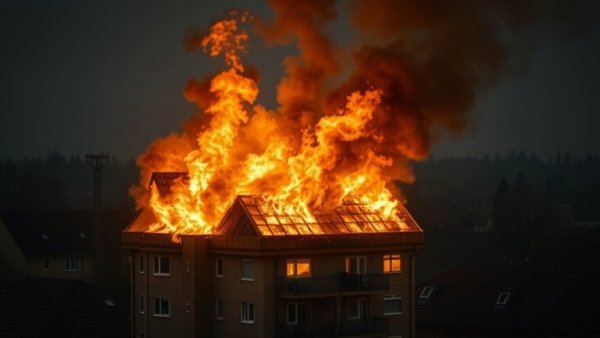 Houston apartment fire news image with flames and smoke at night.