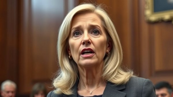 Older blond woman discussing tribal land legislation in a government setting.