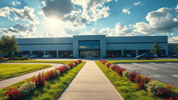 Modern industrial building in Houston business news setting with clear sky