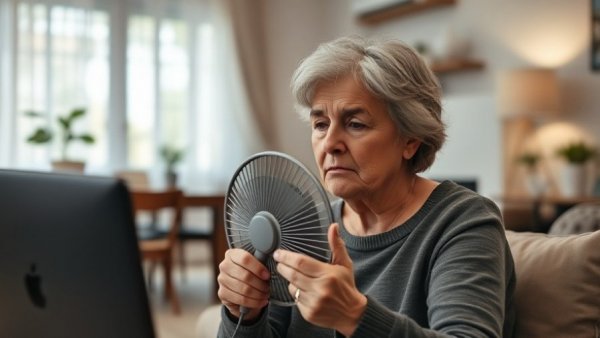 Middle-aged woman experiencing lesser-known menopause symptoms, holding a fan.