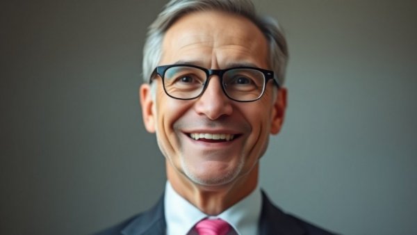 Professional man in suit smiling against blurred backdrop, miracles in medicine.