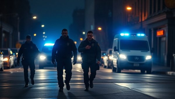 Police officers investigating at night, Providence police presence at Brown University shooting scene.