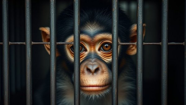 Sad monkey behind bars symbolizing illegal trade of endangered species in the Amazon.