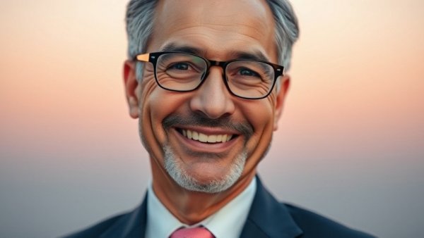 Middle-aged man smiling in suit, soft pastel background.