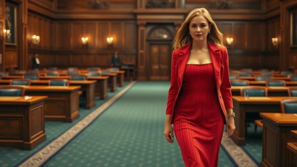 Confident woman walking in formal setting with desks in background.