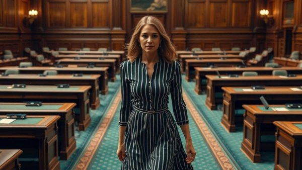 Texas legislative chamber scene featuring a woman in striped dress