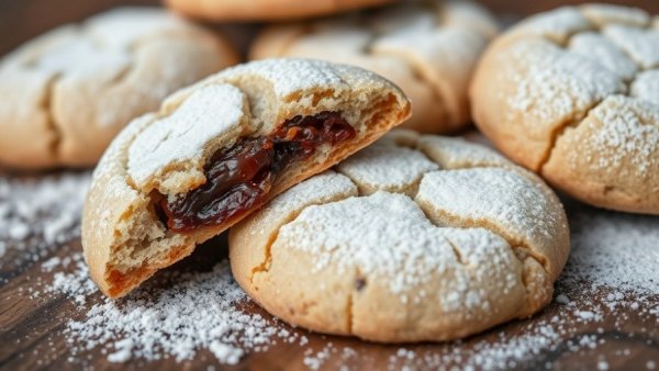 Close-up of date-filled sugar cookies dusted with powdered sugar.