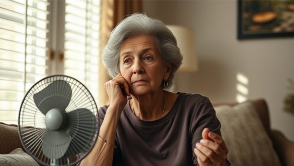 Older woman with fan dealing with menopause symptoms in cozy room.