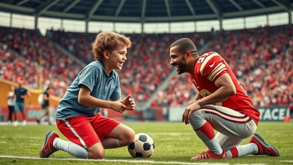 Priceless joy of football: Young fan meets player on field.