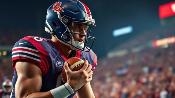 Ole Miss Rebels player in playoff game action, holding football.