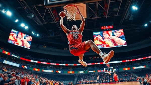 Arizona basketball player mid-slam dunk, victorious expression, arena action shot.