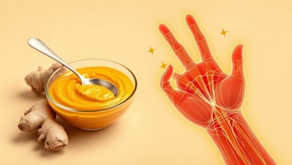 Artistic ginger health benefits illustration showing ginger root and paste with glowing hand.