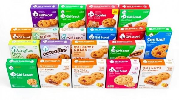 Colorful Girl Scout cookie boxes in a row for cookie season 2026.
