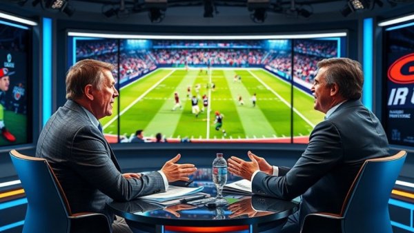 Sports commentators in a studio discussing Miami College Football Playoff win.