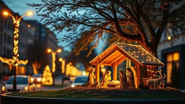 Nativity scene controversy in South Carolina: Illuminated outdoor display.
