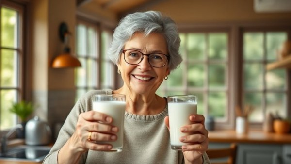 Elderly woman with milk in a kitchen, reflecting on high-fat dairy consumption dementia risk.