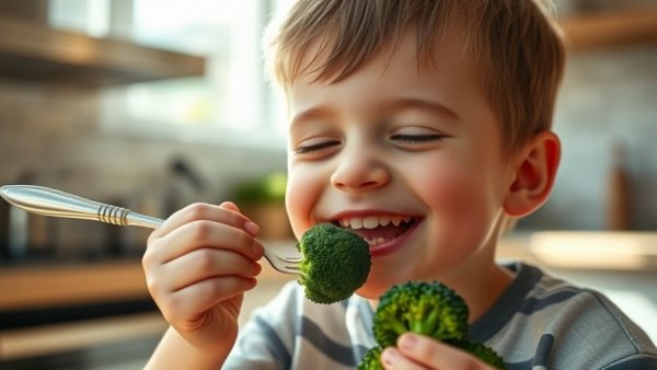 Young boy eating broccoli in modern kitchen, illustrating vegan diet for kids.