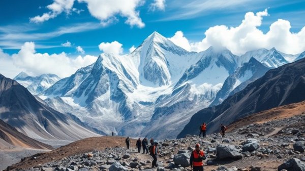 Sherpas of Everest trekking through rugged mountain terrain.
