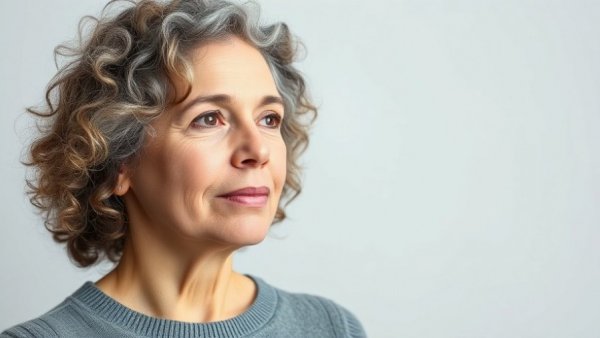 Middle-aged woman focusing on mental health, expressing calmness.