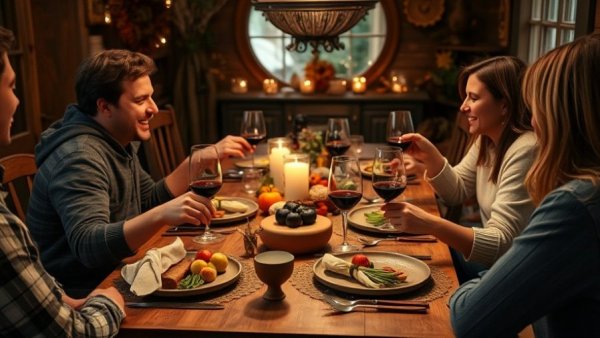 Cozy dining table with autumn decor and rustic dishes.