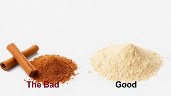 Cassia Cinnamon Health Risks contrasted in a split image with health labels.