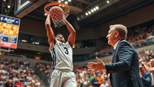 Energetic basketball player dunking as coach discusses game, emphasizing Raising Standards and Consistency in Sports.