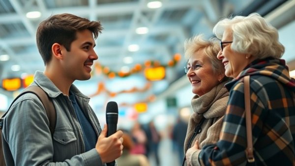 Holiday travelers at San Antonio airport with festive decorations.