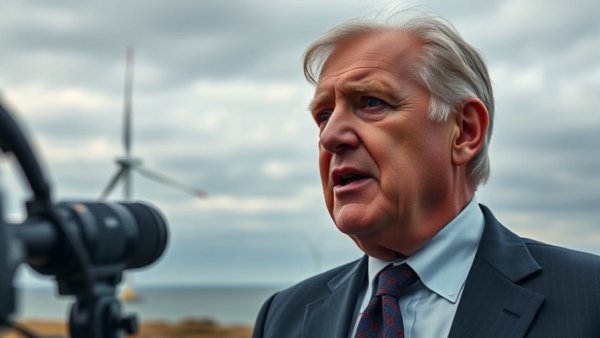 Older man in suit discusses offshore wind turbines under cloudy sky.