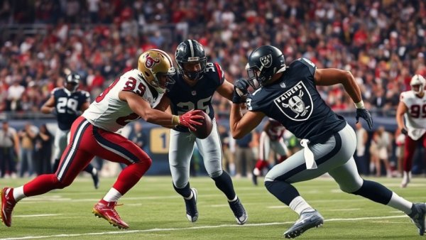 Houston Texans vs. Las Vegas Raiders players in an intense game moment, vibrant stadium scene.