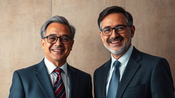 Understanding true happiness with two smiling professionals on abstract background.