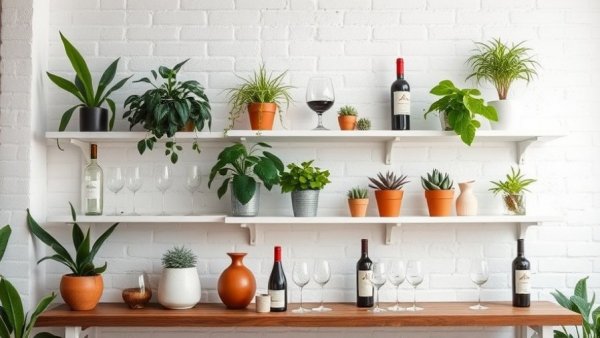 Austin lifestyle plant shop wine bar display with wine and plants.