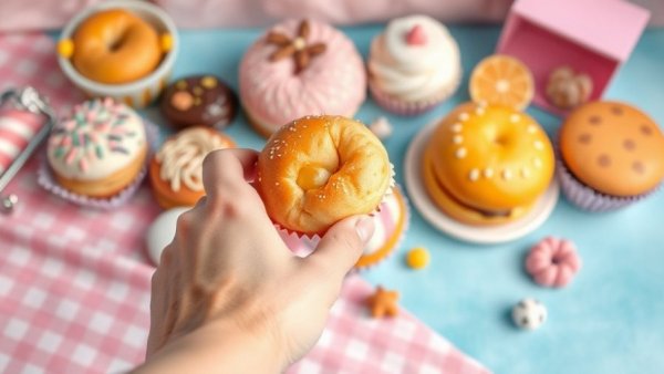 Colorful display of sugary treats with playful background.