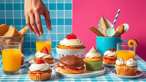 Sweet pastries and juice assortment on a colorful table.
