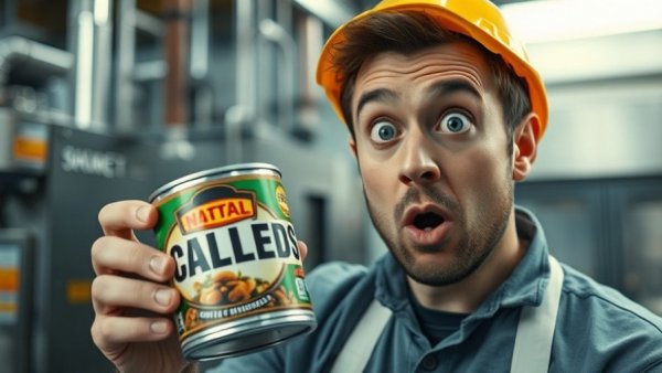 Shocked man reacts to controversial food product in factory, highlighting health scams in the food industry.