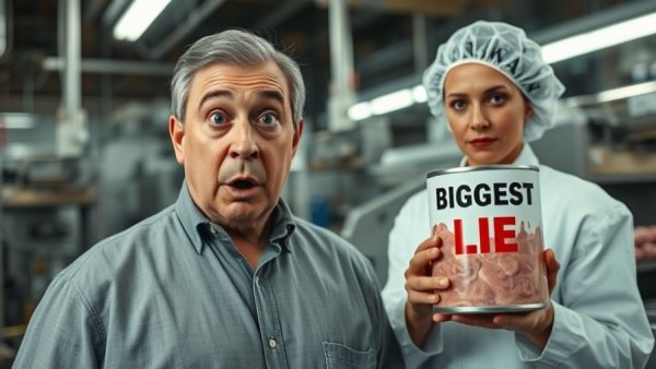 Surprised man exposes health scam in food industry, holding pink meat can.