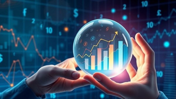 Futuristic economic forecast illustration with graphs in a crystal ball.
