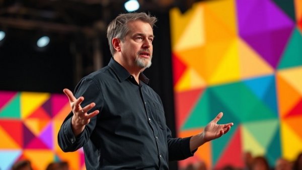 Confident speaker discussing immigration policy USA on vibrant stage.