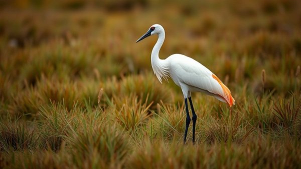 Whooping crane in Texas habitat, focused conservation.