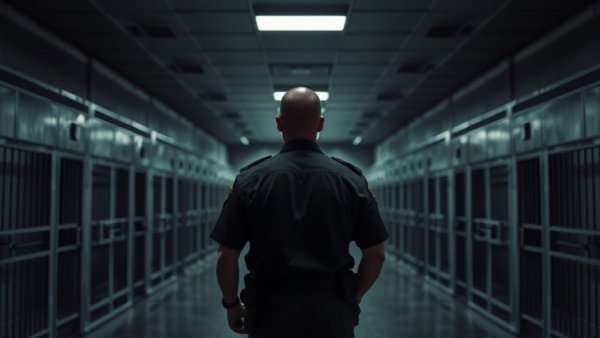 Police officer stands guard in detention facility.