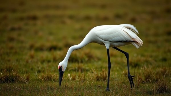 Whooping crane in Texas wetland habitat foraging.